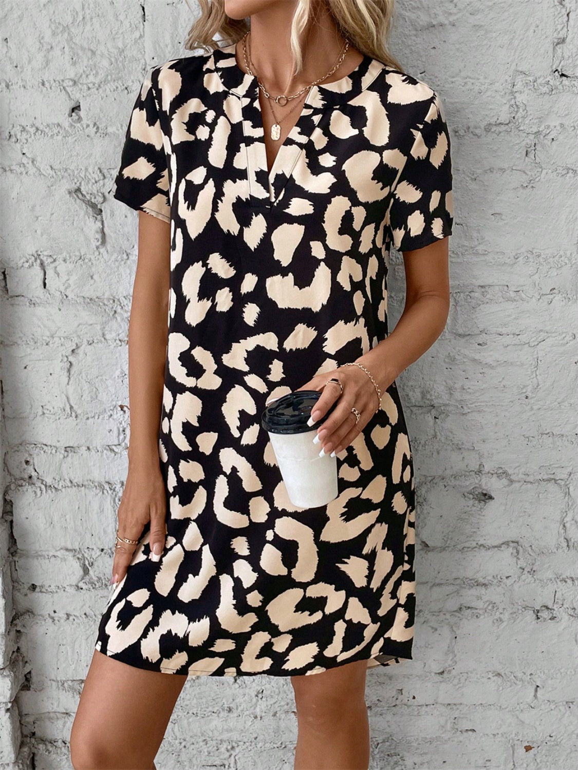 Printed Notched Short Sleeve Mini Dress