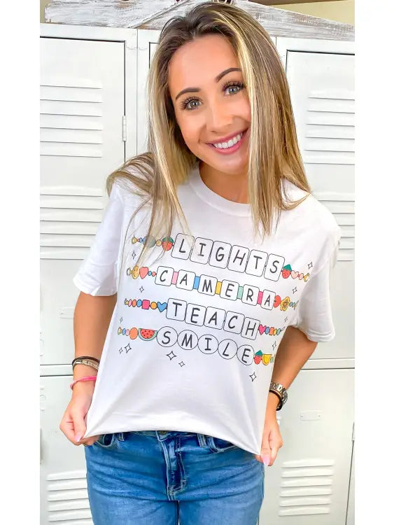 Lights Camera Teach Smile White Graphic T-Shirt