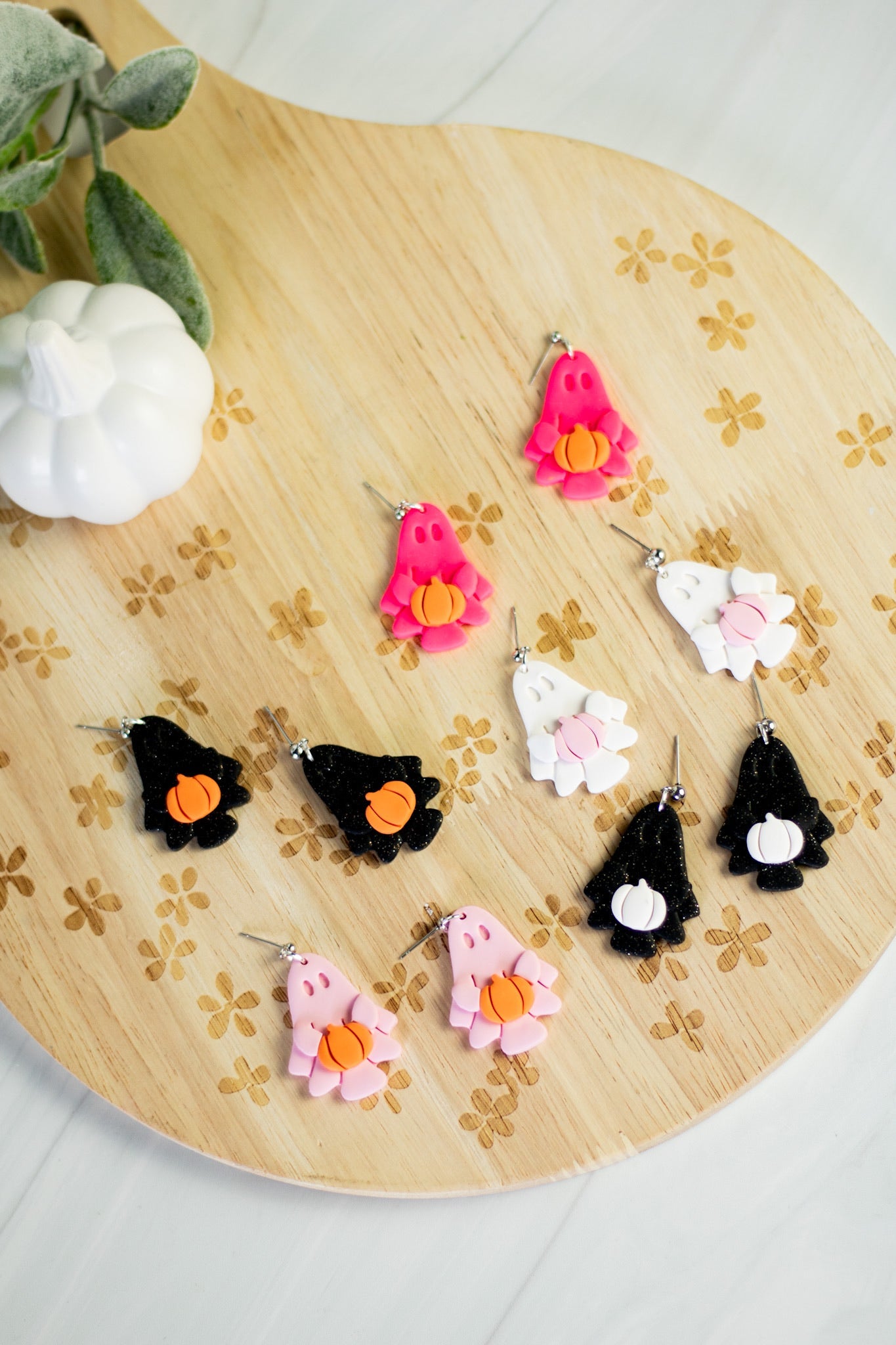 Handmade Clay Ghostie Dangles with Pumpkin