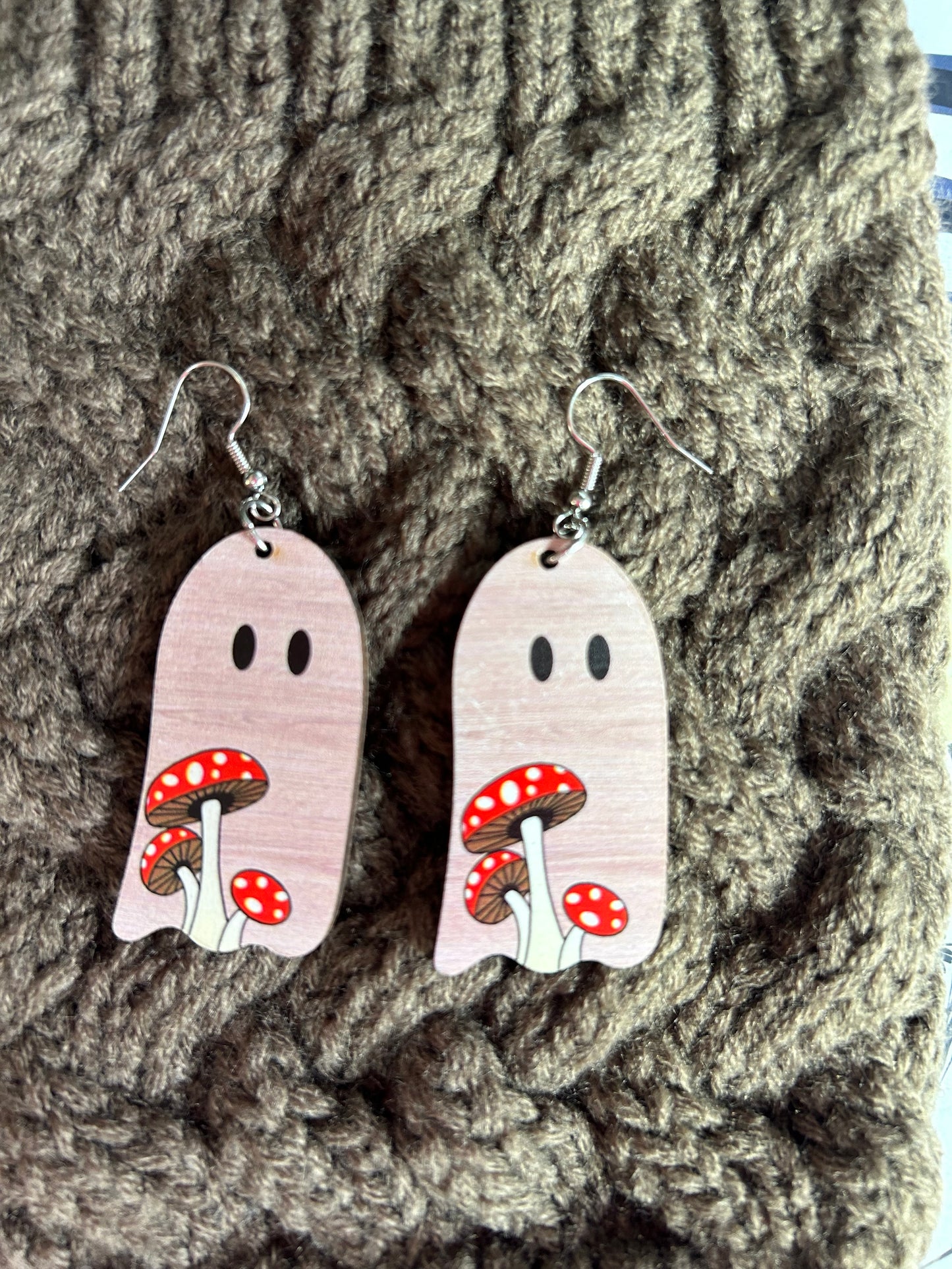 Wooden Ghost Dangle Earrings with Leaves 🍁