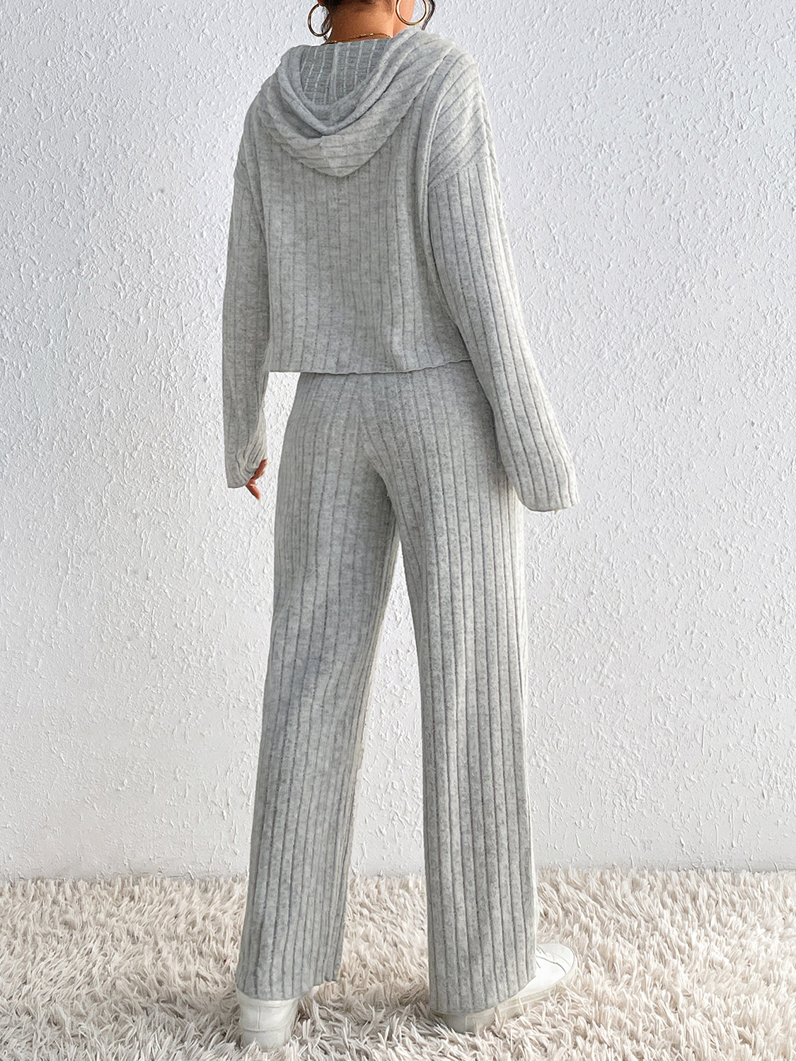 Honey Drawstring Ribbed Hoodie and Straight Leg Pants Set