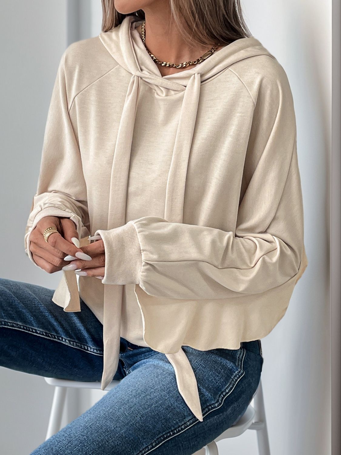 Perfee Drawstring Ruffled Long Sleeve Hoodie