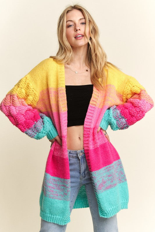 Fluffy sleeve color block sweater cardigan