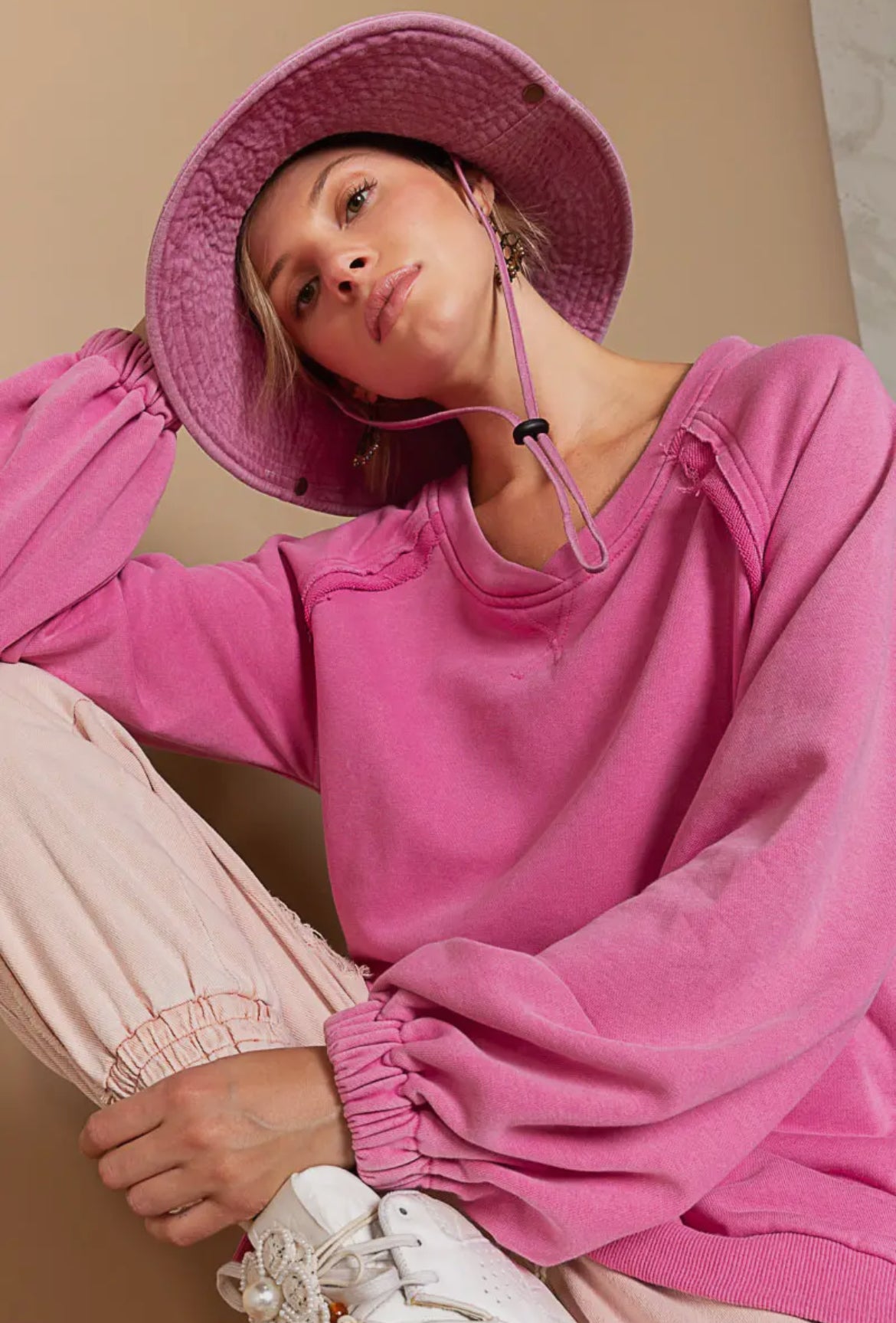 POL pink Back Cross Strap Detail Balloon Sleeve Sweatshirt