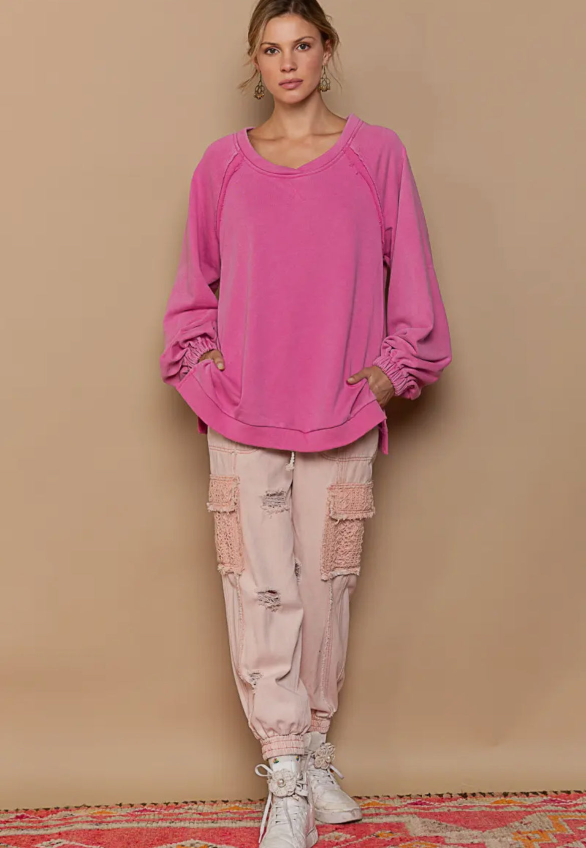 POL pink Back Cross Strap Detail Balloon Sleeve Sweatshirt