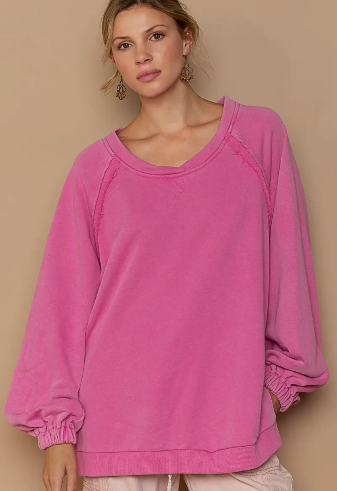 POL pink Back Cross Strap Detail Balloon Sleeve Sweatshirt