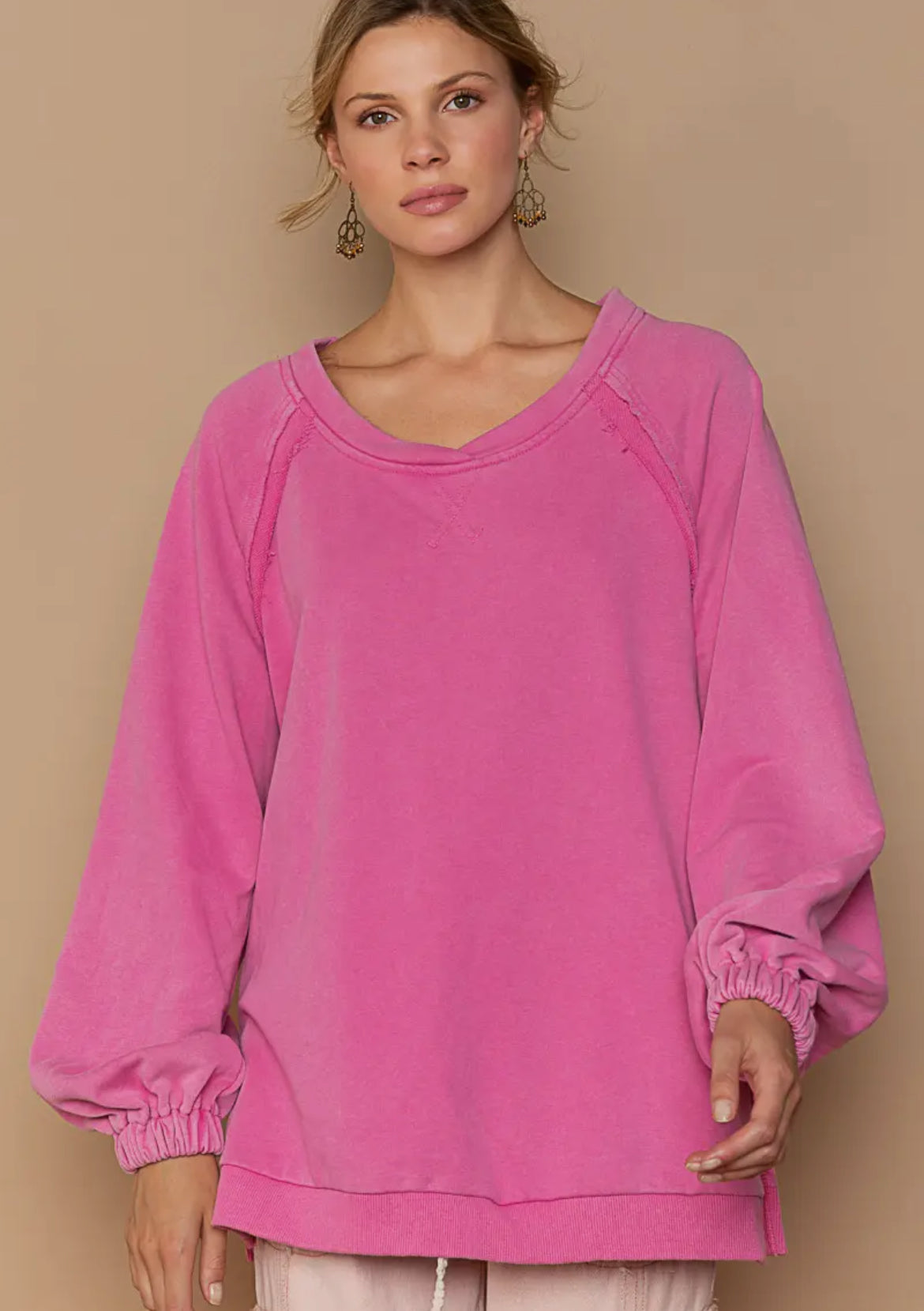 POL pink Back Cross Strap Detail Balloon Sleeve Sweatshirt