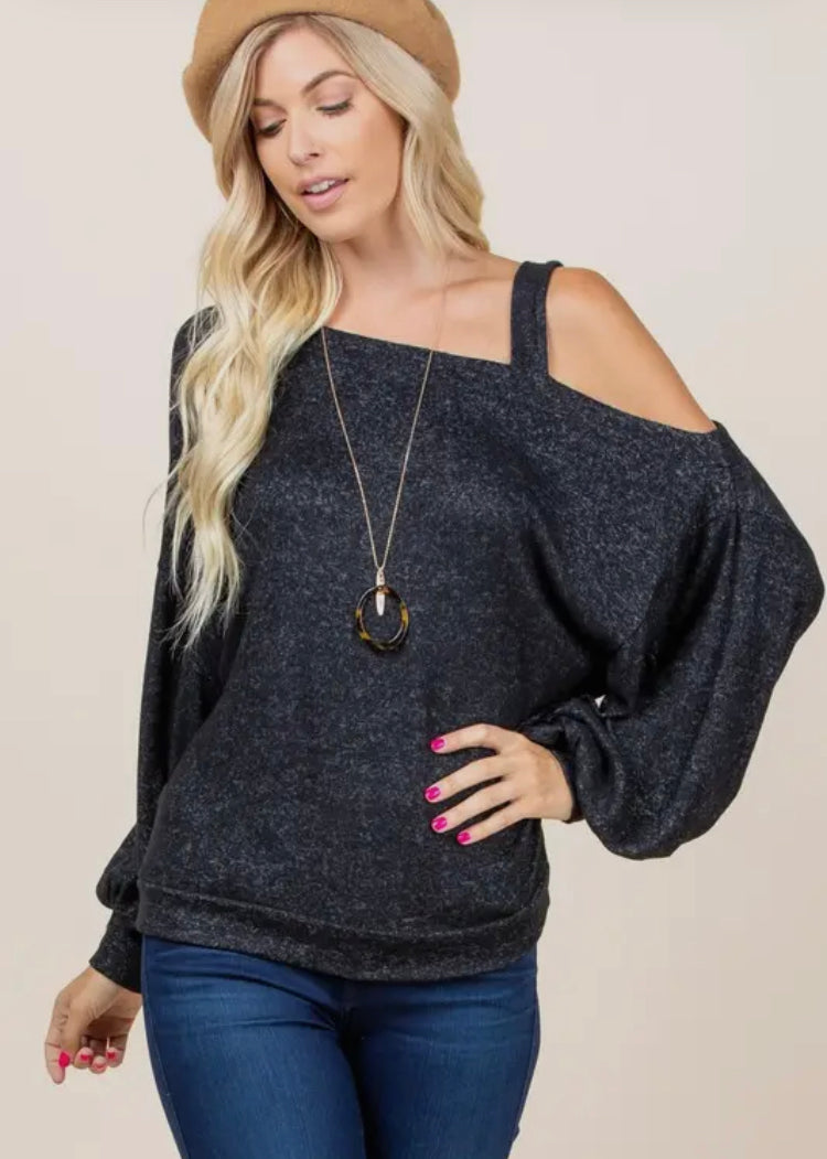 Solid Hacci Brush Cold Shoulder top