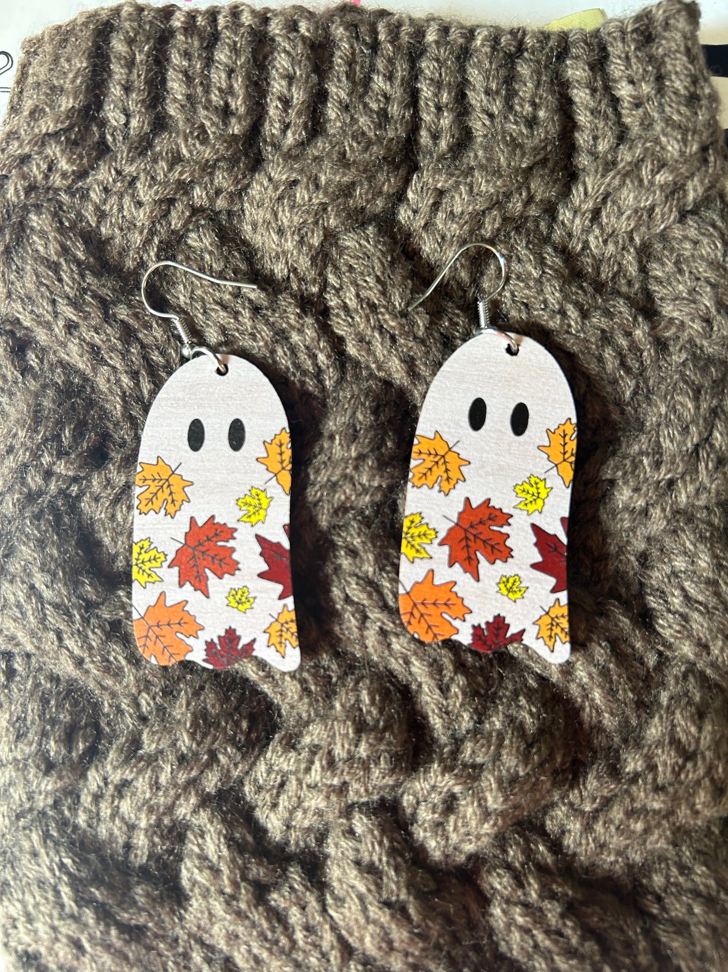 Wooden Ghost Dangle Earrings with Leaves 🍁