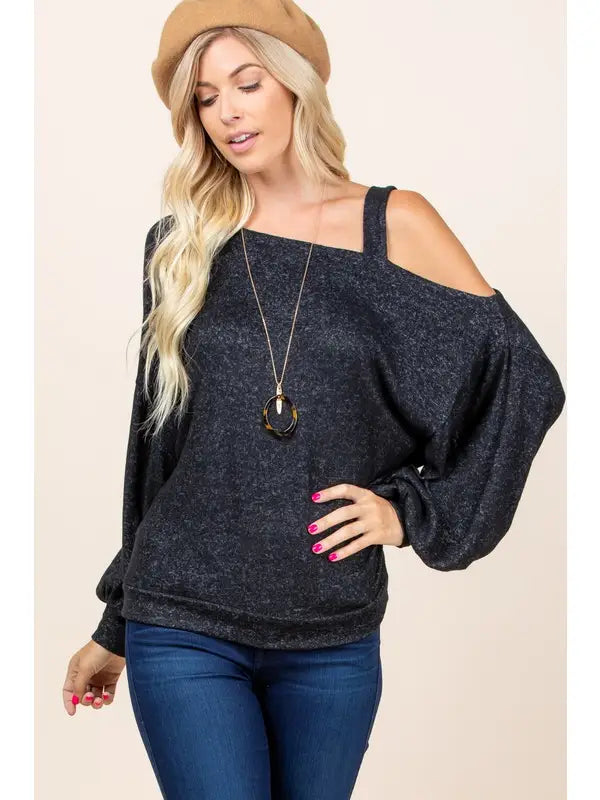 Solid Hacci Brush Cold Shoulder Top