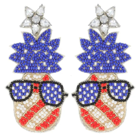 Jeweled Star Post Beaded Patriotic Pineapple Dangle Earrings